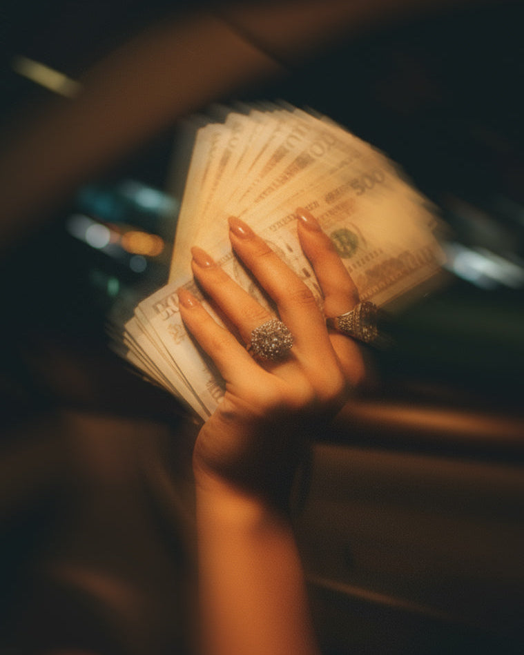 Hand holding a stack of money with blurred background